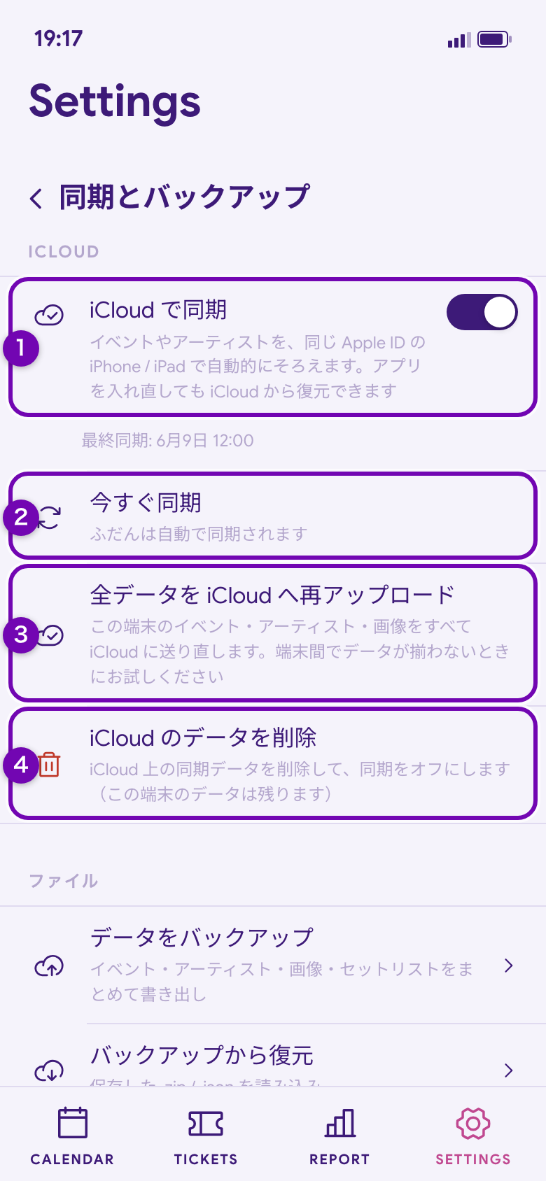 設定 > 同期とバックアップ の iCloud セクション